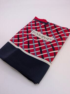 Yves Saint Laurent Silk Scarf Red Navy Lattice Trellis Print 31.5"